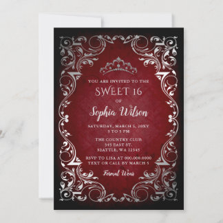 Invitación Princesa de Plata Roja de época Tiara Sweet 16