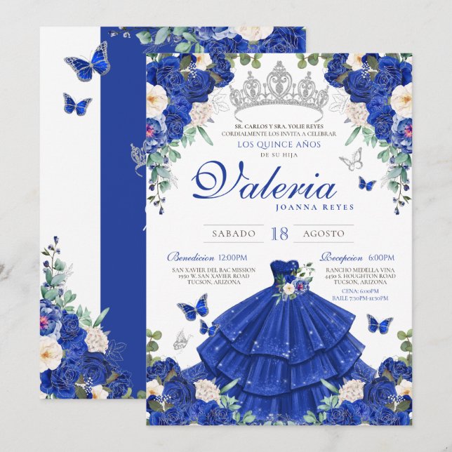 Invitación Princesa de Plata Rosa Azul Real Quinceanera (Anverso / Reverso)