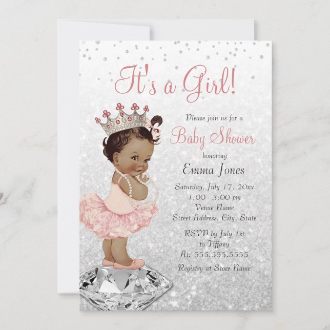 Invitación Princesa de plata rosa Baby Shower afroamericano (Anverso)