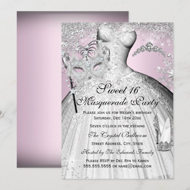 Invitación Princesa de Plata Rosa Dulce Masquerade 16 Invitad (Anverso / Reverso)