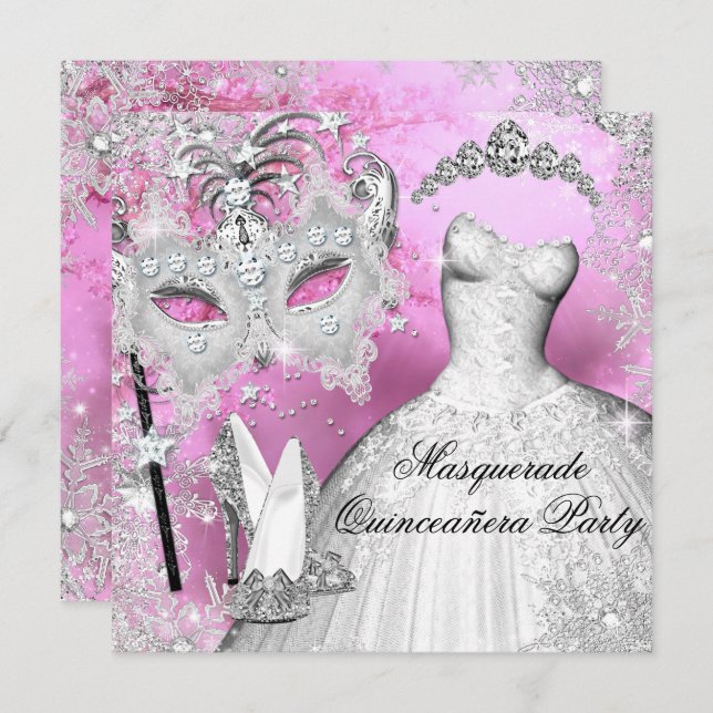 Invitación Princesa de Plata Rosa Quinceanera Masquerade (Anverso / Reverso)