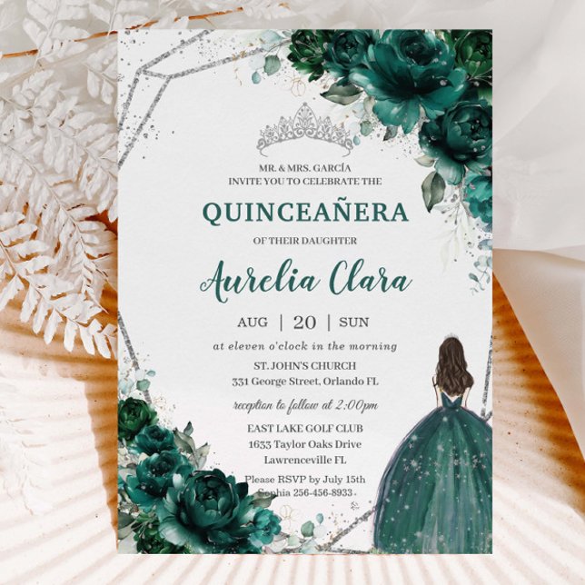 Invitación Princesa de plata verde esmeralda de Quinceañera (Subido por el creador)