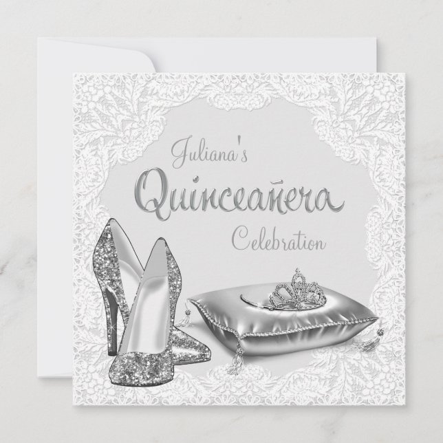 Invitación Princesa de plata y blanca Quinceañera (Anverso)