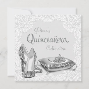 Invitación Princesa de plata y blanca Quinceañera