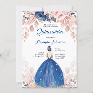 Invitación Princesa de Quinceañera Azul Marino Cumpleaños 15 