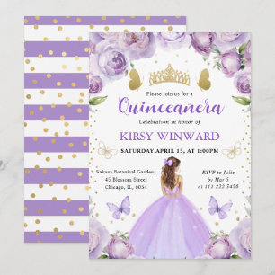 Invitación Princesa de Quinceañera con Vestido Morado y Cabel