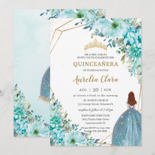 Invitación Princesa de Quinceañera Turquoise Floral Azul