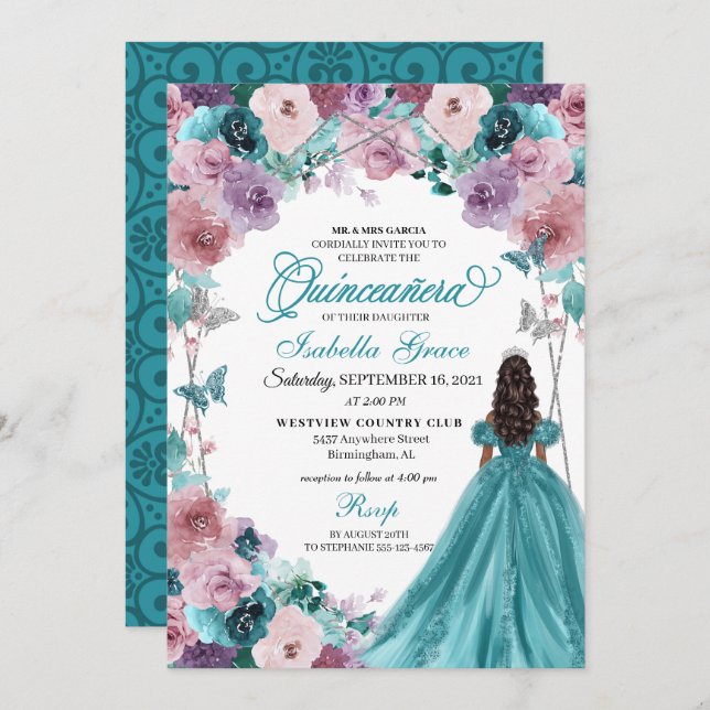 Invitación Princesa de Quinceanera verde azulada y Mauve (Anverso / Reverso)