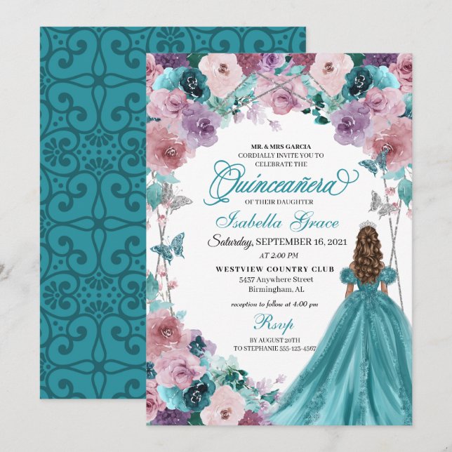 Invitación Princesa de Quinceanera verde azulada y Mauve (Anverso / Reverso)