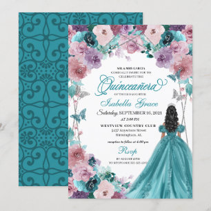 Invitación Princesa de Quinceanera verde azulada y Mauve