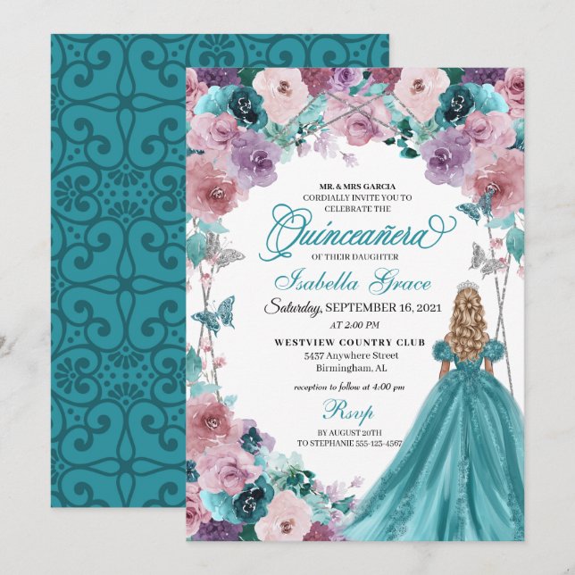 Invitación Princesa de Quinceanera verde azulada y Mauve (Anverso / Reverso)