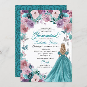 Invitación Princesa de Quinceanera verde azulada y Mauve