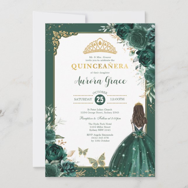 Invitación Princesa de Quinceañera verde esmeralda 15º cumple (Anverso)