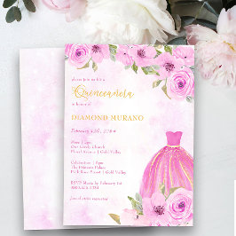 Invitación Princesa de Quinceanera y Floral Masiva Rosa y Oro