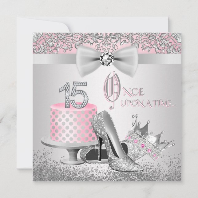Invitación Princesa de rosa y plata Quinceañera (Anverso)