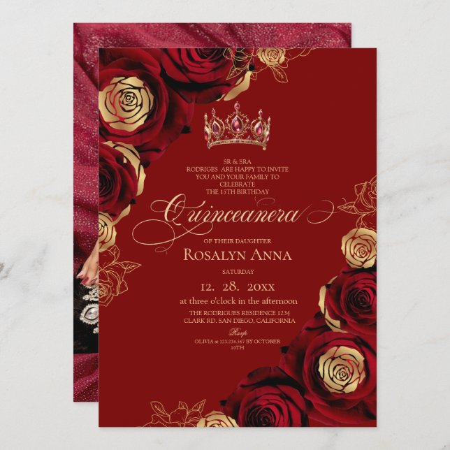 Invitación Princesa de Rosas Rojas Quinceañera (Anverso / Reverso)