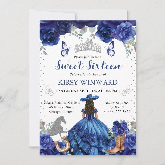 Invitación Princesa de Salón Morena Vestido Azul Dulces 16 (Anverso)