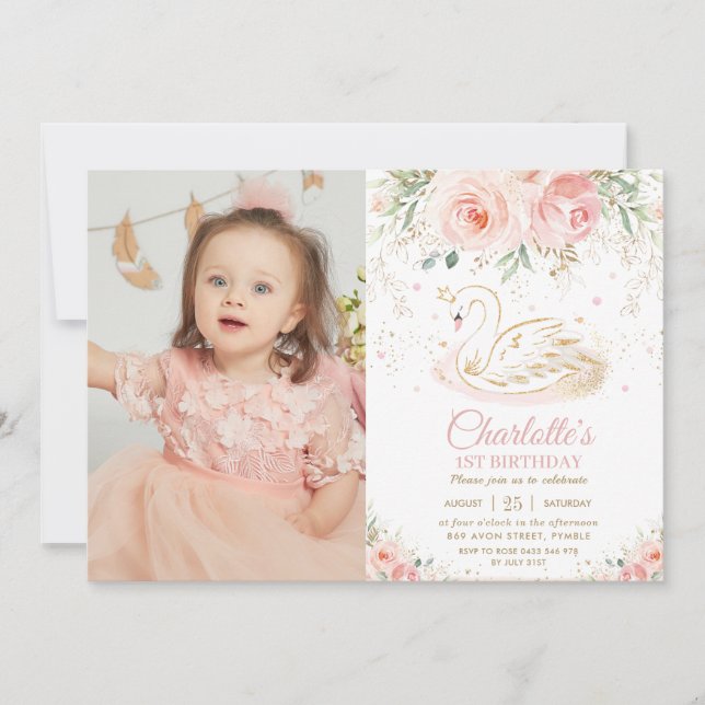 Invitación Princesa de Swan Rubor Floral rosa Primera foto de (Anverso)