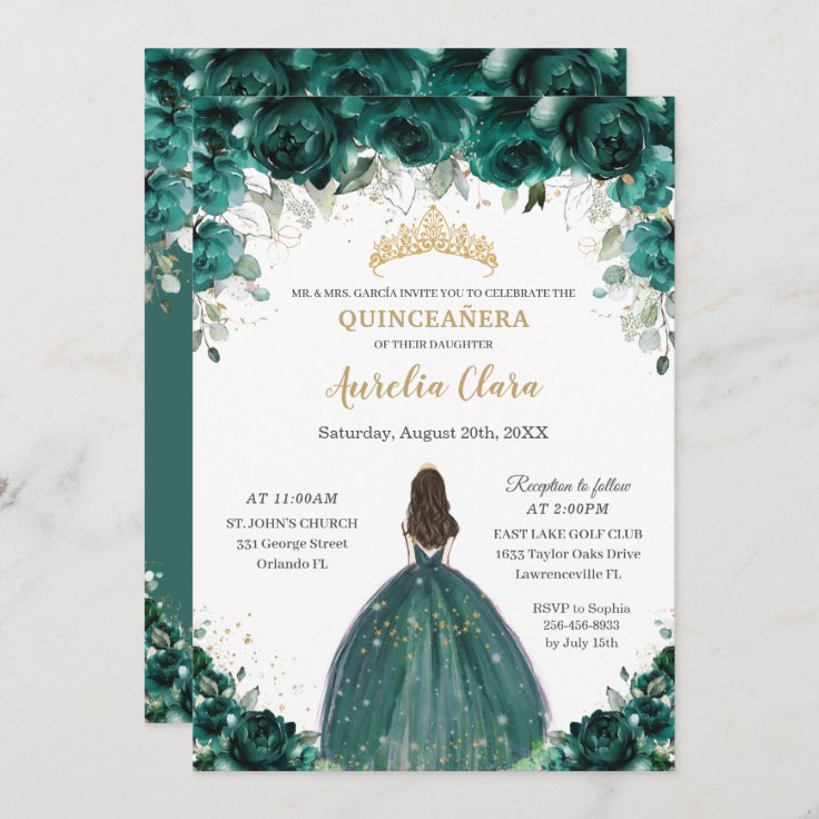 Invitación Princesa de Tiara de flor verde esmeralda 