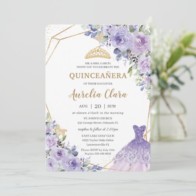 Invitación Princesa de Tiara Floral de Lilac Púrpura (Anverso de pie)