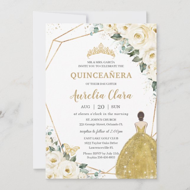 Invitación Princesa de Vestido de Oro Floral Blanco de Marfil (Anverso)