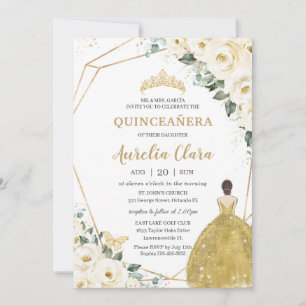 Invitación Princesa de Vestido de Oro Floral Blanco de Marfil