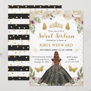 Invitación Princesa de vestido negro y cabello rojo Dulces 16