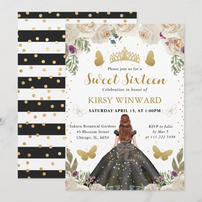 Invitación Princesa de vestido negro y cabello rojo Dulces 16 (Anverso / Reverso)