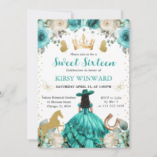 Invitación Princesa de Vestido Turquesa Cabello Negro Cumple 