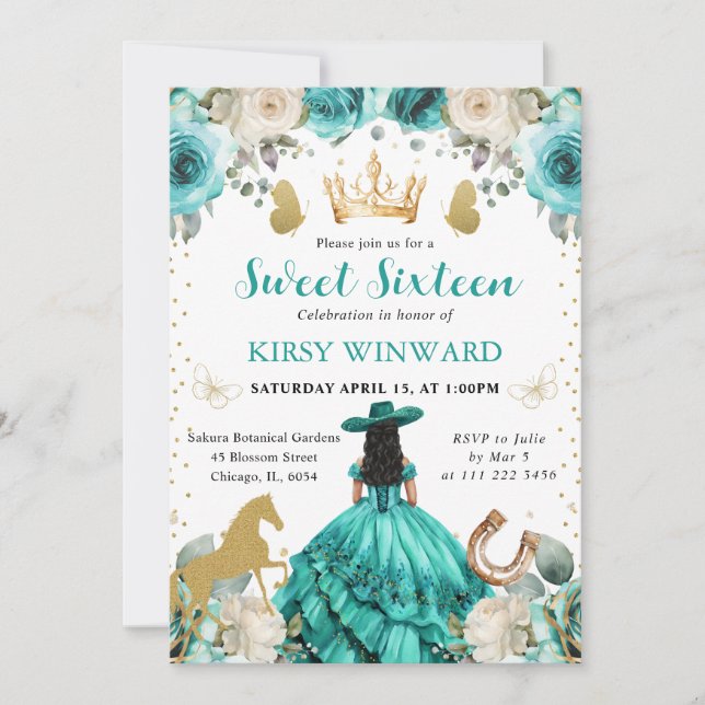 Invitación Princesa de Vestido Turquesa Cabello Negro Cumple  (Anverso)