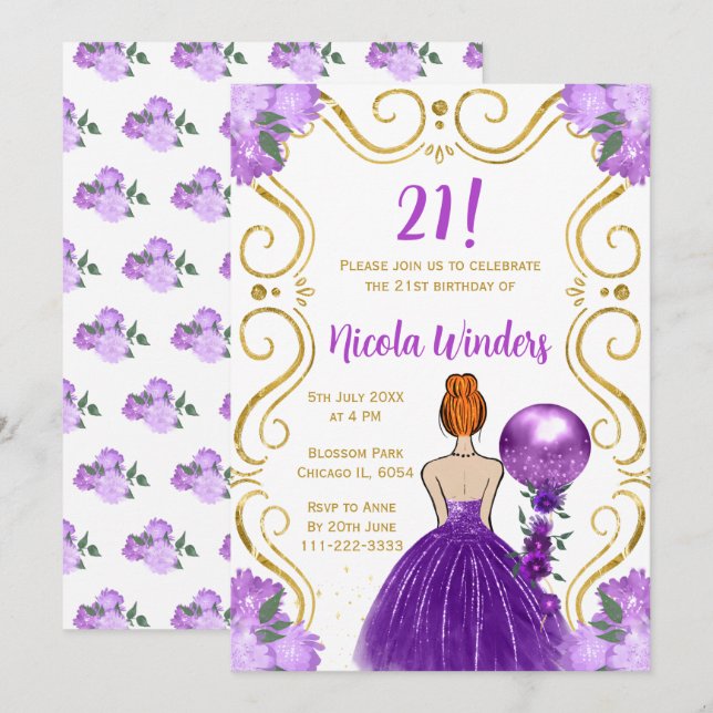 Invitación Princesa del Cabello Rojo del Partido del Cumpleañ (Anverso / Reverso)