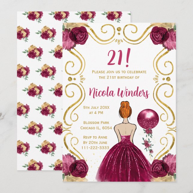 Invitación Princesa del Cabello Rojo del Partido del Cumpleañ (Anverso / Reverso)