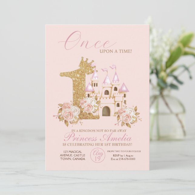 Invitación Princesa del Castillo de la Corona de Oro Rosado (Anverso de pie)