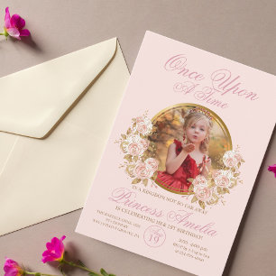 Invitación Princesa del Castillo de Oro Rosado Foto Primer Cu