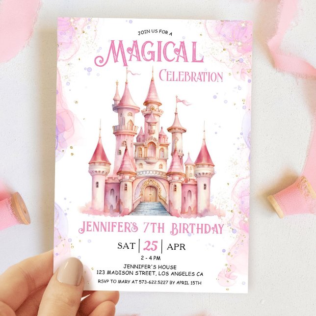 Invitación Princesa del Castillo Rosa chica Séptima Fiesta de (Subido por el creador)