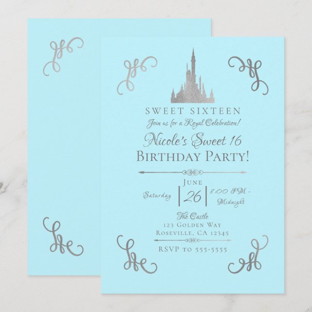 Invitación Princesa del cuento de hadas Silver & Blue Fiesta  (Anverso / Reverso)