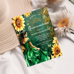 Invitación Princesa del Girasol Verde Dorado Quinceañera