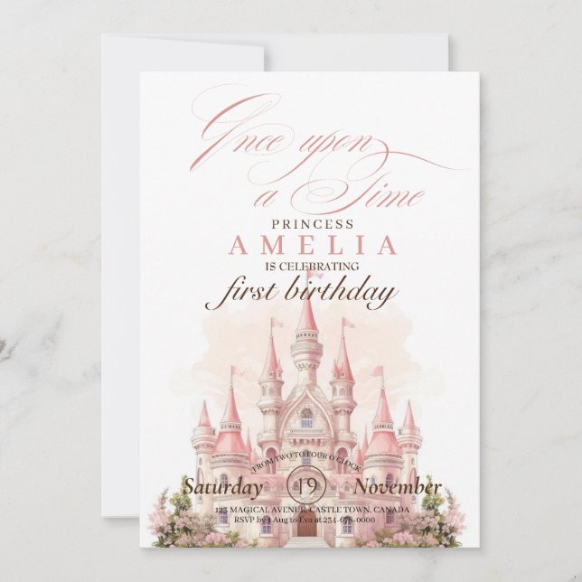 Invitación Princesa del Reino de los Castillos Rosados Primer (Anverso)