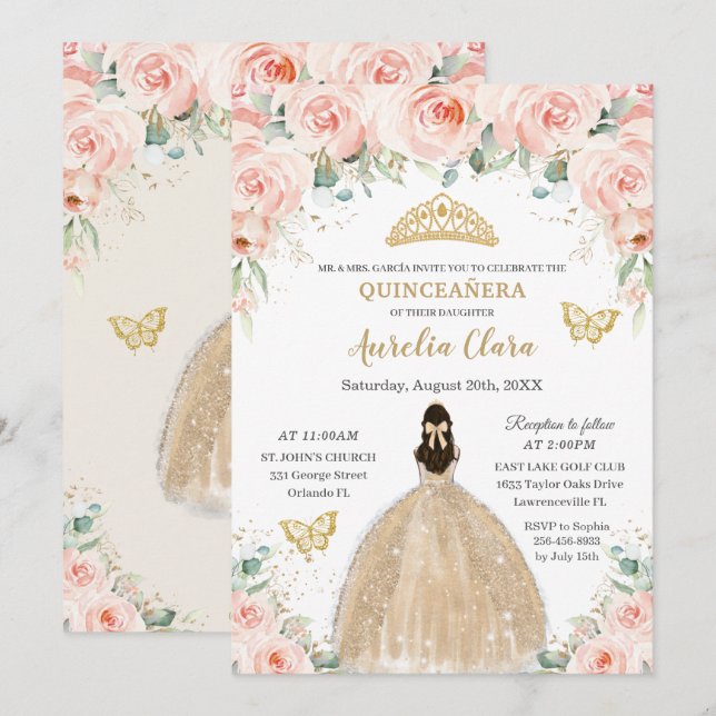 Invitación Princesa del vestido de champán floral Quinceañera (Anverso / Reverso)