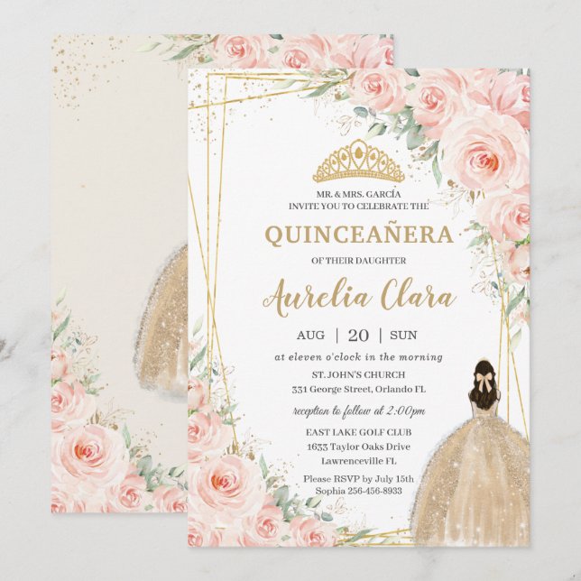 Invitación Princesa del vestido de champán floral Quinceañera (Anverso / Reverso)