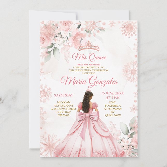 Invitación Princesa Des Quince de Floral de oro rosa de invie (Anverso)