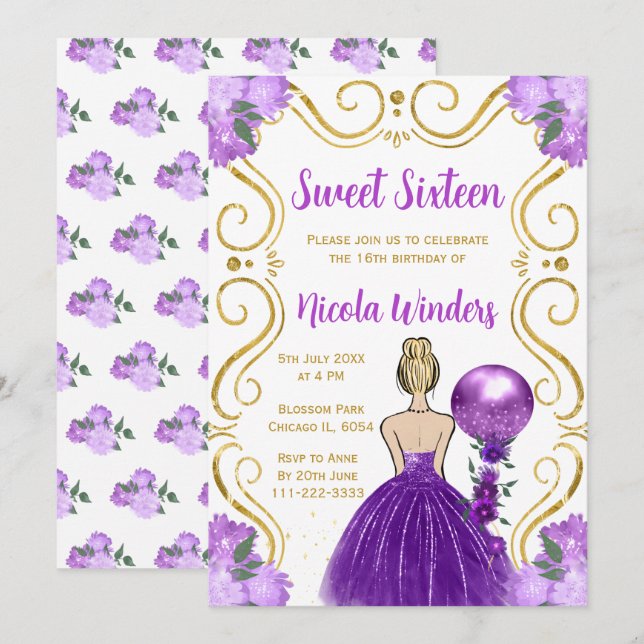 Invitación Princesa dorada de 16 años en morado (Anverso / Reverso)