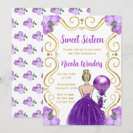 Invitación Princesa dorada de 16 años en morado