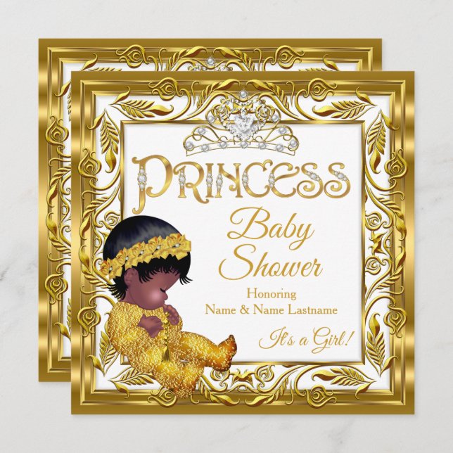 Invitación Princesa dorada de etnia negra Baby Shower Gold Wh (Anverso / Reverso)