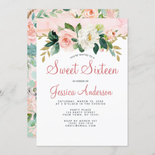 Invitación Princesa Dorada Floral Dulce Dieciséis cumpleaños