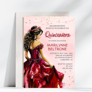 Invitación Princesa dorada roja Quinceañera