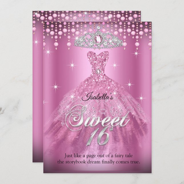 Invitación Princesa Dulce 16 Aniversario Vestido Rosa Tiara (Anverso / Reverso)