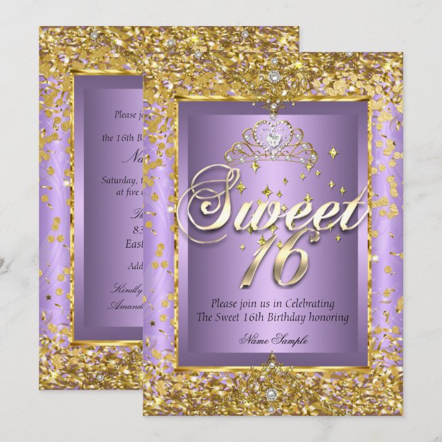 Invitación Princesa Dulce 16 Oro Lila Morado Fiesta (Anverso / Reverso)