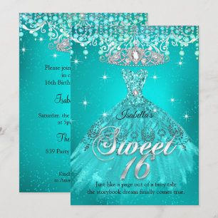 Invitación Princesa Dulce Vestido de Cumpleaños 16 Aqua Teal 