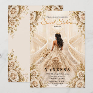 Invitación Princesa Dulces 16 Beige y Dorado